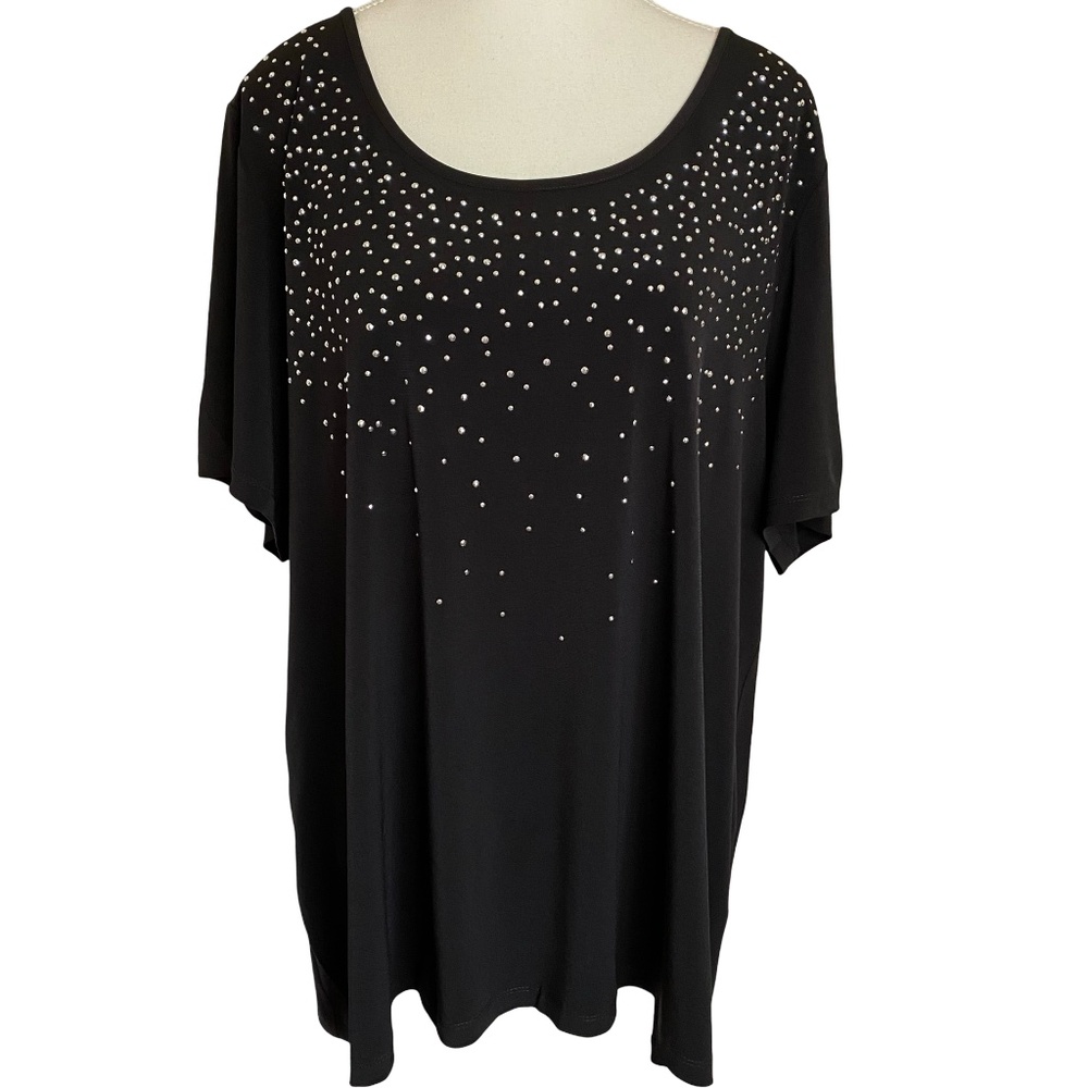 Laura Plus Black Shiny Silver Embellished Holiday Party Short Sleeve Top. Sz 2X